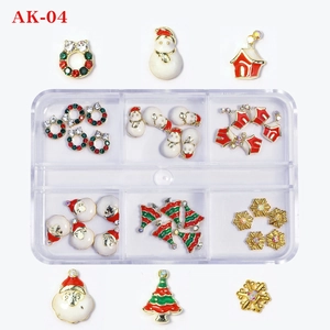 Detailed view of Christmas nail art charms kit with Santa and snowflakes in a storage box