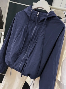 Minimalist navy blue hooded windbreaker jacket with zipper closure and drawstring detail