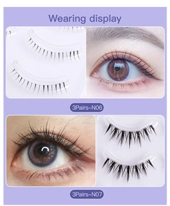 Wearing display of 3 pairs of natural cross false eyelashes in N06 and N07 styles