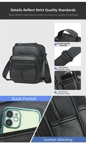 Macro view of black litchi grain leather crossbody bag with reinforced handles and zippers