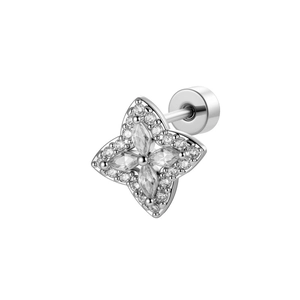 Silver screw back cartilage earring featuring a diamond-set cross floral rhombus design