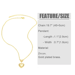 Detail showing dimensions of gold heart pendant necklace with zircon inlay features