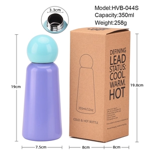 Gourde isotherme violette en inox 350ml avec boîte d'origine et dimensions détaillées