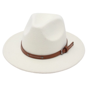 Classic beige wide brim felt fedora hat featuring a brown leather belt with metal buckle