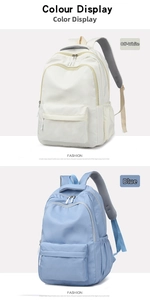 Vertical detail view showing beige and blue minimalist backpacks with water-resistant fabric