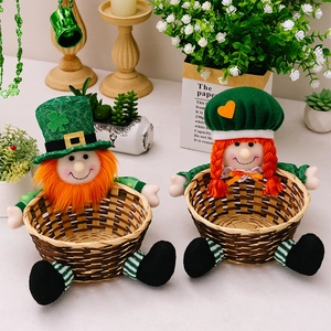 Detail of St. Patrick's Day candy basket with plush gnome and woven texture for table decor