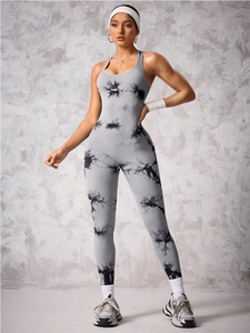 Damen Nahtloser Fitness-Einteiler in Grau-Schwarz mit Batikmuster für Yoga Sport