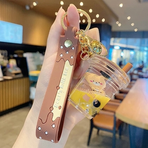 Creative Pearl Milk Tea Bear Keychain Acrylic Liquid Quicksand Pendant Bag Hanging Ornament Cute Cartoon Gift For Women Kids