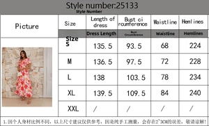Detailed size chart for the elegant floral backless dress with length and bust measurements
