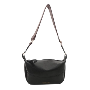 Black PU leather crossbody bag with vintage curved design and jacquard woven strap