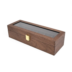 Wooden 6-slot watch storage box with clear glass lid and gold lock for watch display collection.