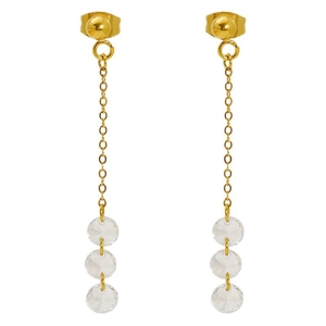 Elegant long gold tassel earrings with three sparkling vertical cubic zirconia stones