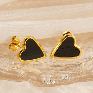 French style heart stud earrings in gold titanium steel with black enamel inlay