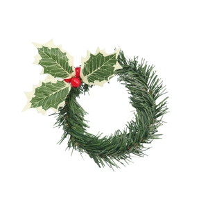 Christmas candle ring with artificial pine needles, holly leaves and red berries on white background