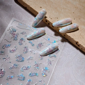 Holographic dragon nail art stickers with iridescent dragon motifs and 3D glitter effects