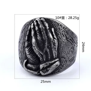 Retro stainless steel praying hands ring, 25mm wide band with vintage carved design