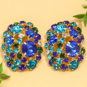 Luxurious gold-tone clip-on earrings featuring multi-colored rhinestones and crystals