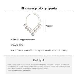 Detail specifications of rhinestone drop necklace with 45.7cm total length and silver finish