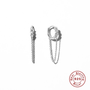 925 sterling silver star hoop earrings with tassel chains and cubic zirconia stones