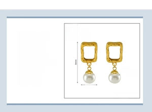 Detail view of 18K gold plated stainless steel square drop earrings with 10mm pearls