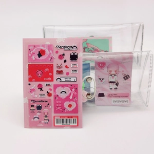 Close-up of pink anime character sticker sheet with matching clear PVC storage pouch
