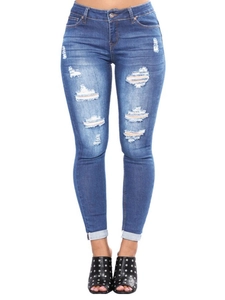 Jean skinny bleu taille haute pour femme avec détails déchirés et coupe ajustée