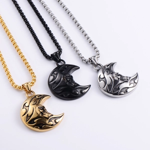 Retro punk moon skull pendant necklaces in gold, black, and silver stainless steel