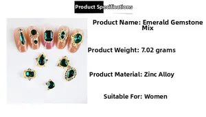 Detailed view of emerald gemstone nail charms with zinc alloy backing in various shapes