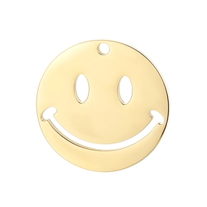 Detailed view of a golden polished stainless steel round smiley face pendant