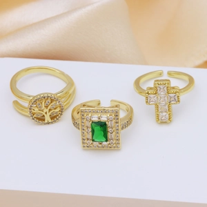 Adjustable Open Rings Cross Life Tree Green Gemstone 18K Gold Plated Copper Cubic Zirconia Luxury Jewelry For Women