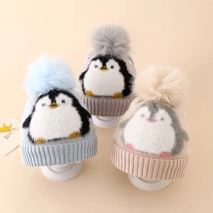 Kids Winter Knitted Beanie Hat With Penguin Pattern Faux Fur Pom Pom Thickened Fleece Lining Warm Windproof Outdoor