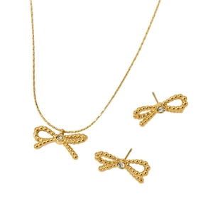 Parure de bijoux nœud doré comprenant un collier et des boucles d'oreilles en cristal