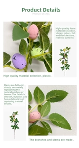 Close-up of colorful foam Easter eggs and green fabric leaves on a decorative branch stem