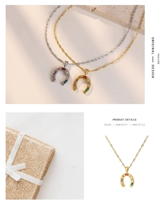 Detail view of horseshoe pendant necklaces with colorful zircon in gold and silver finish