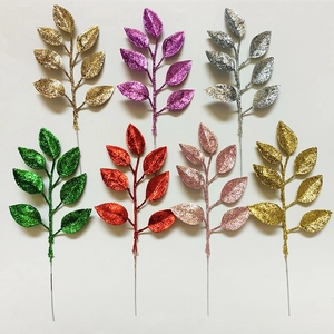 Glitter artificial leaf branches in seven colors for Christmas tree and wreath decoration