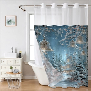 Detail view of winter snow castle print on waterproof polyester shower curtain fabric