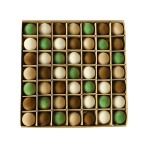 49-piece flocked Christmas ball ornaments set in green and beige in a grid kraft box