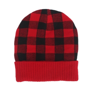 Close-up of red and black buffalo plaid knit beanie with a warm ribbed cuff detail