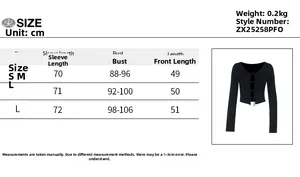 Size chart for tie-up long sleeve backless top with detailed measurements in cm