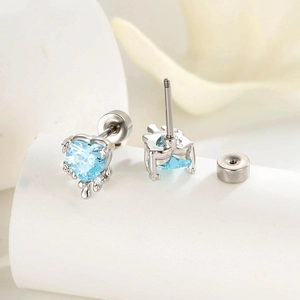 Silver heart stud earring with light blue zircon stone and screw back closure
