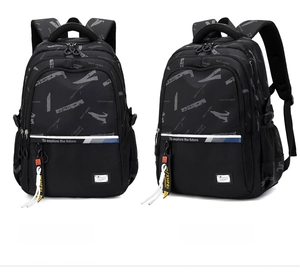 Detailed front and side view of black backpack with reflective strip and abstract patterns
