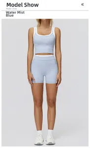 Front view of Misty Blue yoga set with racerback top and high-waist ribbed shorts