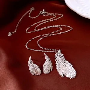 Vintage Feather Jewelry Collection Zircon Pleated Long Necklace And Earrings With Silver Earring Post Copper Luxury Women