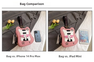Pink violin-shaped bag capacity comparison with iPhone 14 Pro Max and iPad mini