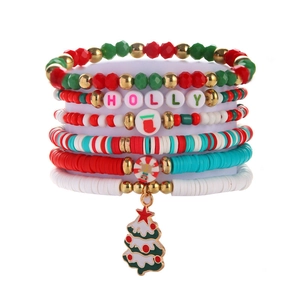 Christmas multilayer beaded bracelet set with clay beads, charms and Holly letter beads