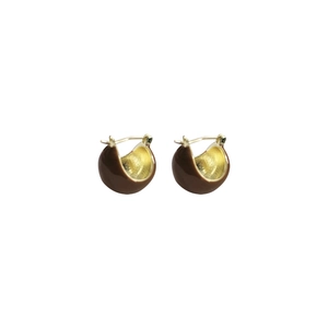 Vintage gold C-shaped chunky hoop earrings with dark brown enamel finish for women