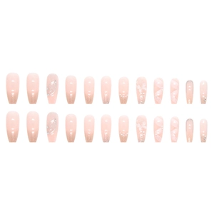 Pink nude press-on nails with crystal butterfly and ribbon designs for women