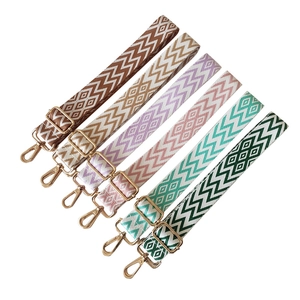 Detail of adjustable wide shoulder straps with colorful diamond weave and gold swivel hooks