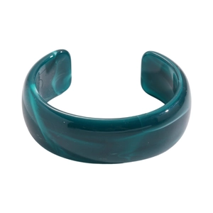 Retro wide acrylic open bangle featuring dark green marble texture and minimalist design