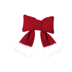 Red velvet Christmas bow with white plush trim for holiday tree decoration and festive party
